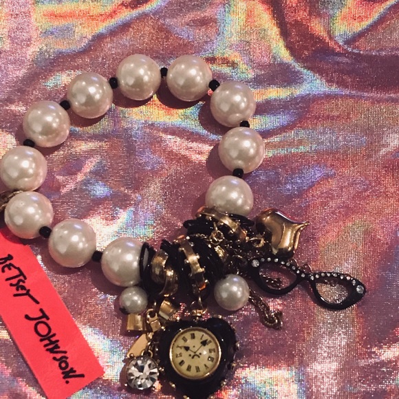 Betsey Johnson pearl clock heart stretch bracelet time flies bow pinup glasses - Picture 5 of 6